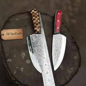Acid-Etched Chef Knife with Red Pakka Wood & Checker Brown Wood Handle by JW SteelCrafts, Damascus knife detail photo 2