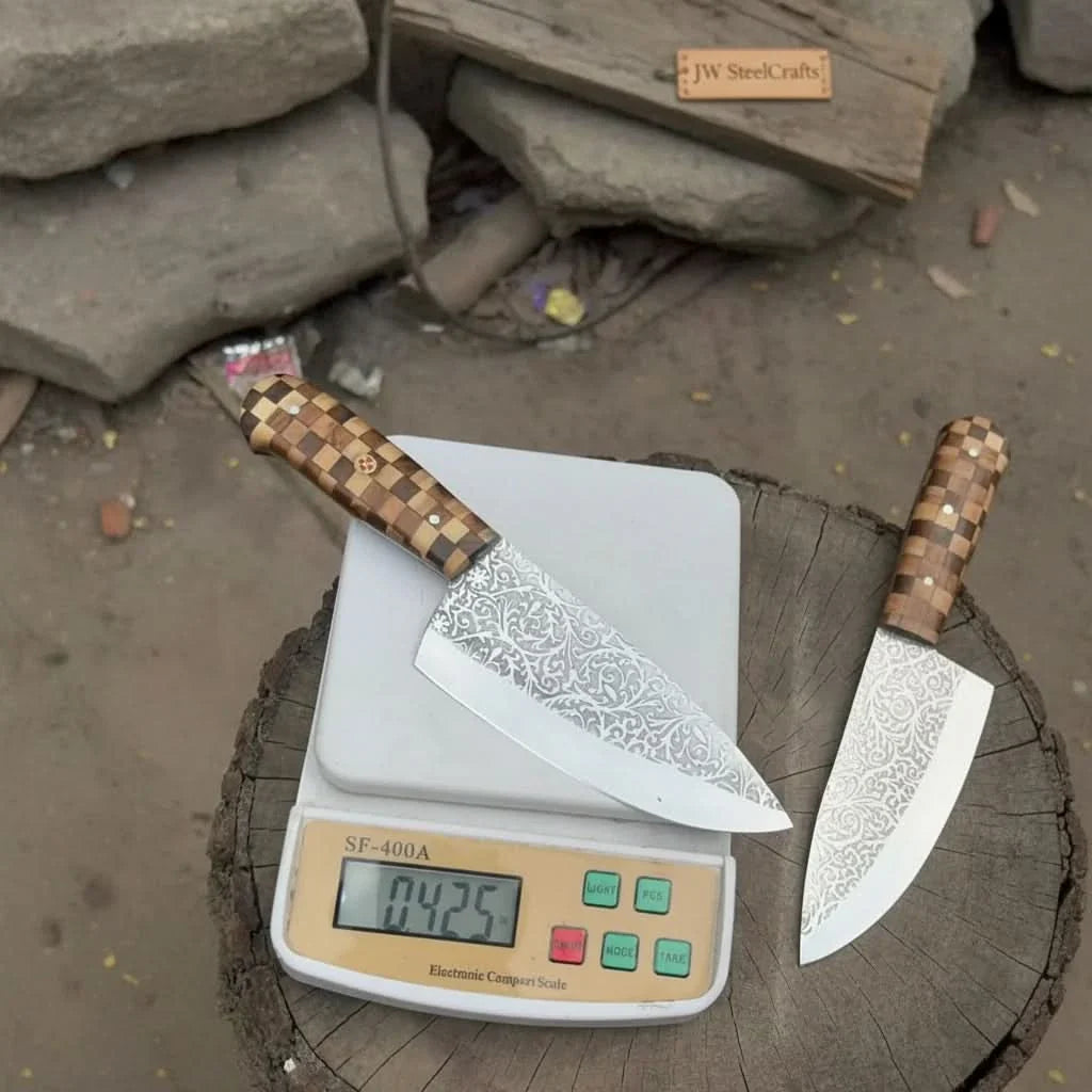 Acid-Etched Chef Knife with Red Pakka Wood & Checker Brown Wood Handle by JW SteelCrafts, Damascus knife detail photo 8