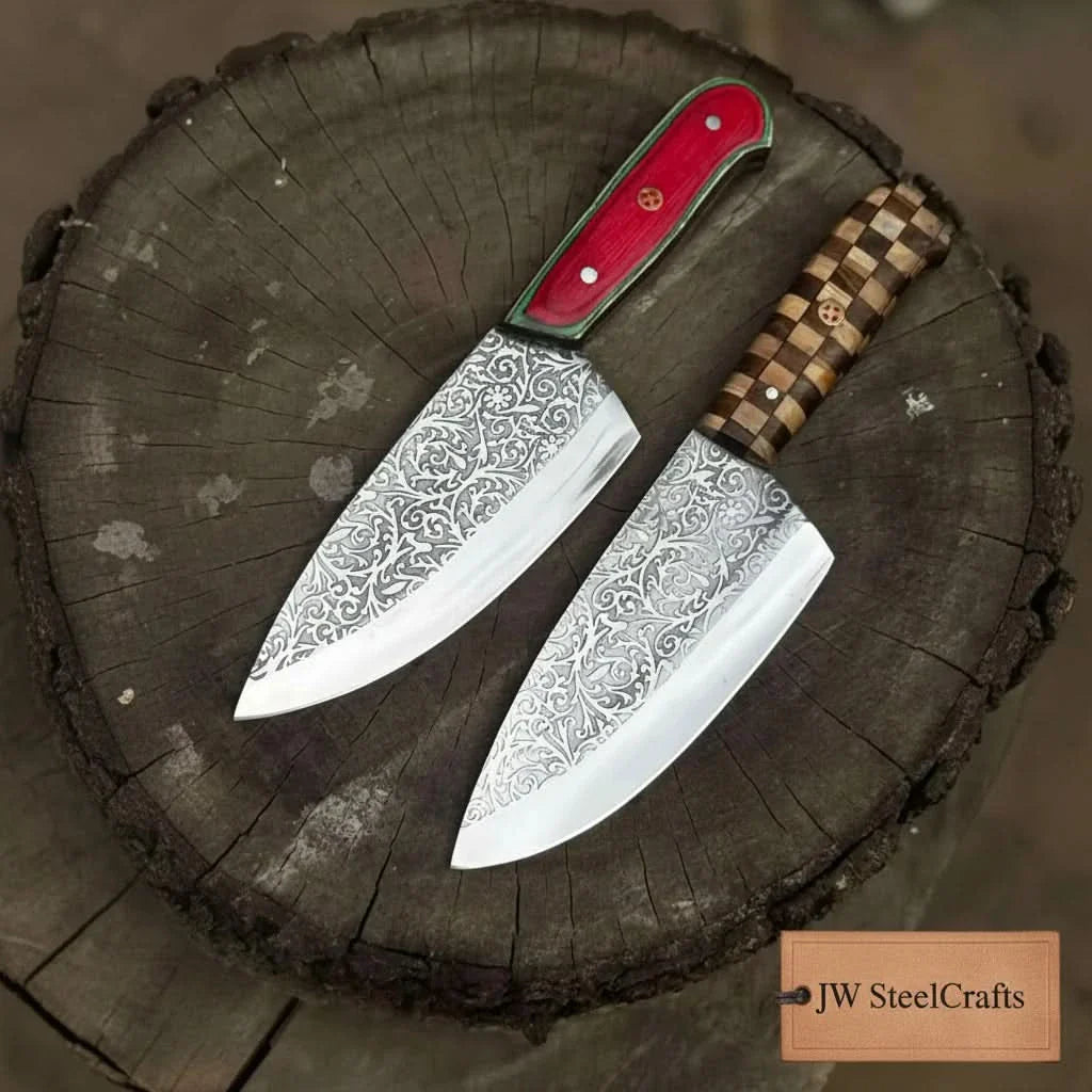 Acid-Etched Chef Knife with Red Pakka Wood & Checker Brown Wood Handle by JW SteelCrafts, Damascus knife detail photo 10