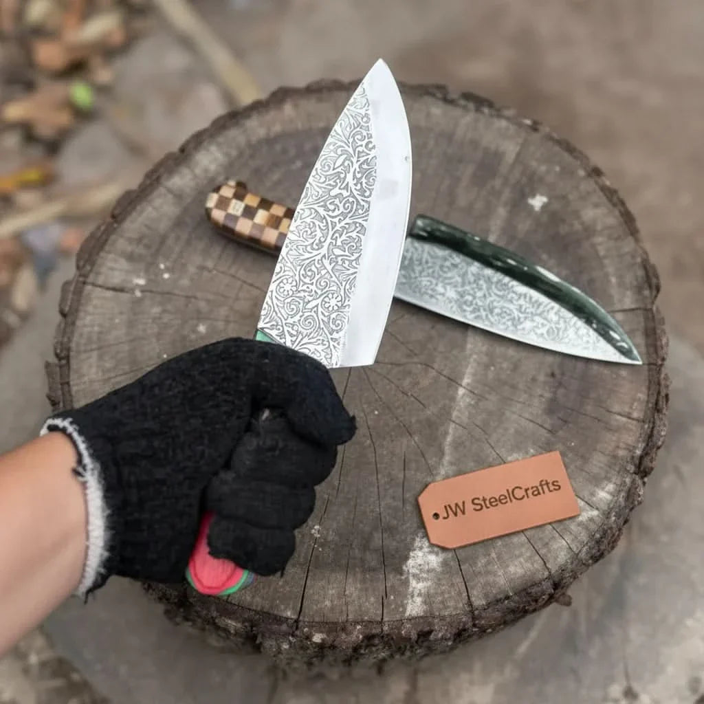 Acid-Etched Chef Knife with Red Pakka Wood & Checker Brown Wood Handle by JW SteelCrafts, Damascus knife detail photo 5
