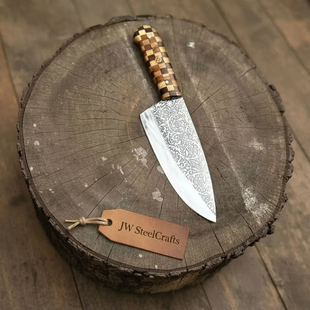 Acid-Etched Chef Knife with Red Pakka Wood & Checker Brown Wood Handle by JW SteelCrafts, Damascus knife detail photo 7