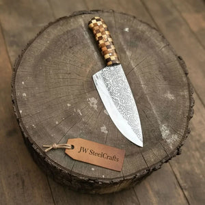 Acid-Etched Chef Knife with Red Pakka Wood & Checker Brown Wood Handle by JW SteelCrafts, Damascus knife detail photo 7