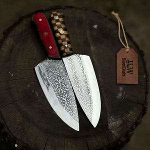 Acid-Etched Chef Knife with Red Pakka Wood & Checker Brown Wood Handle by JW SteelCrafts, Damascus knife detail photo 4