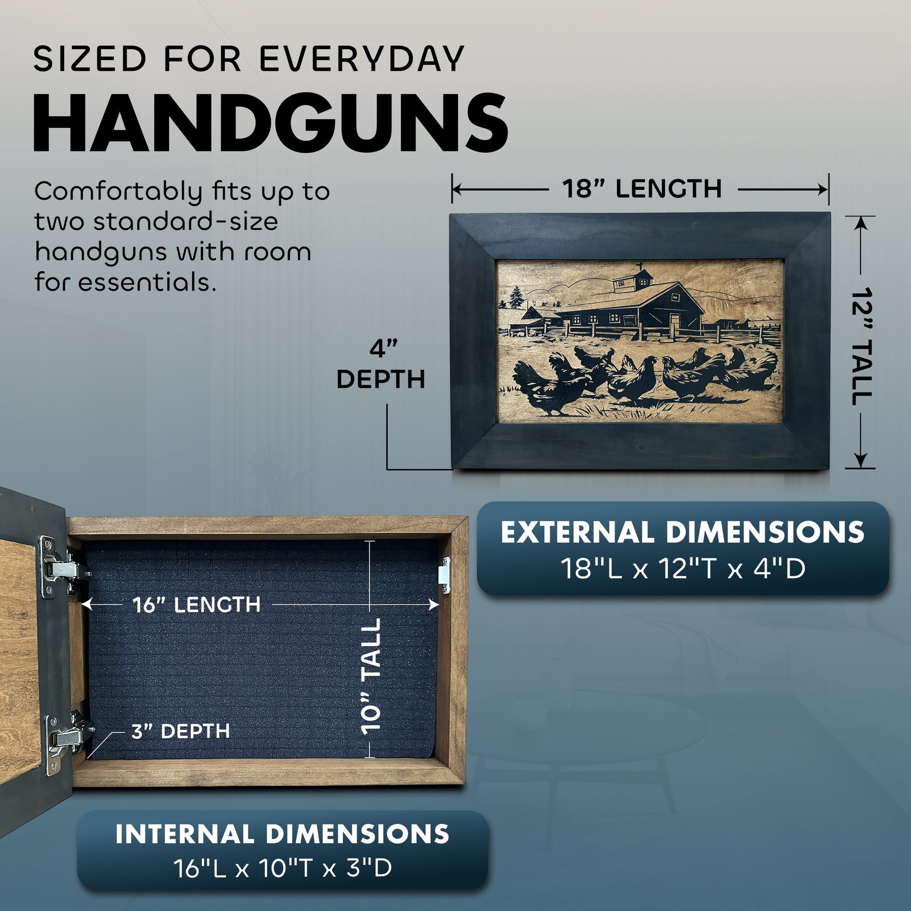 Chicken Farm Hidden Gun Safe - Handcrafted Gun Concealment Decor - Hidden Gun Shelf with Magnetic Lock for Quick Access - Hidden Wall Safe for Secure by Bellewood Designs