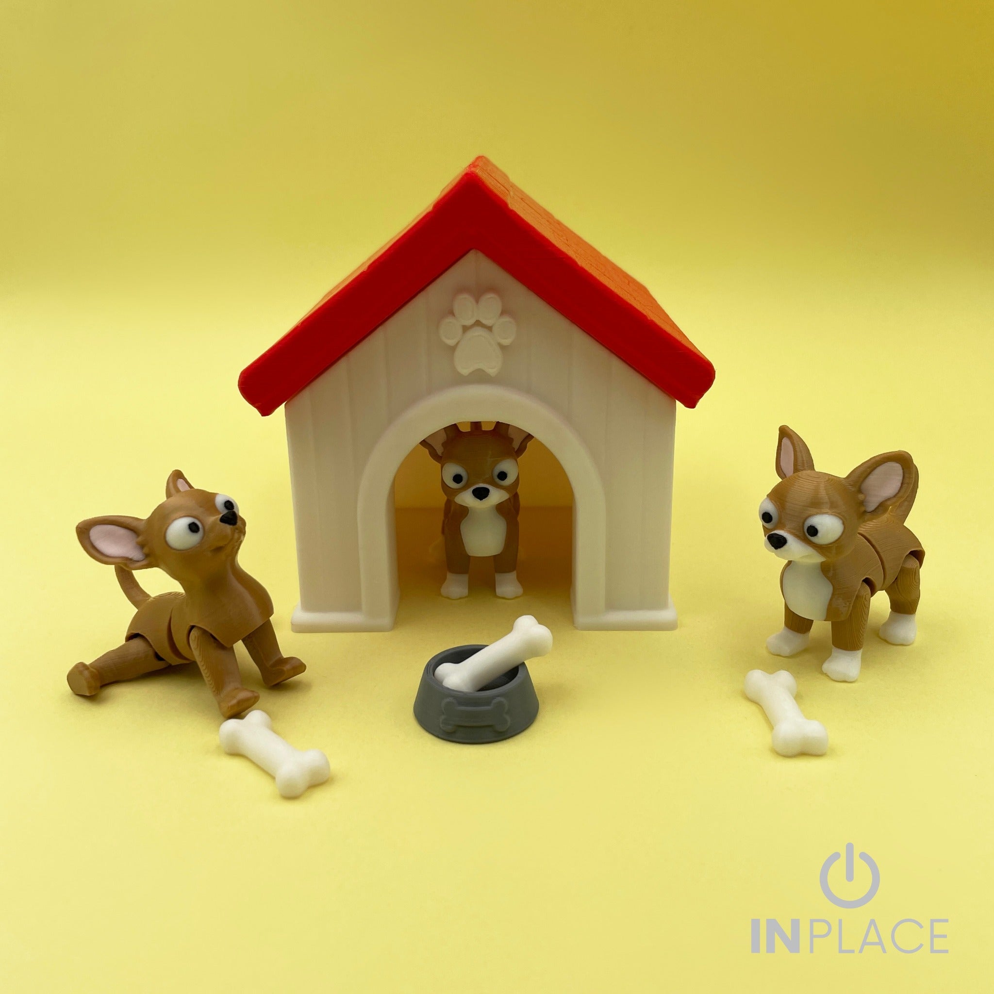 Chihuahua doghouse playset with three articulated Chihuahua figures, bones and bowl