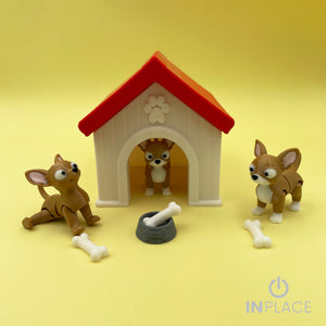 Chihuahua doghouse playset with three articulated Chihuahua figures, bones and bowl