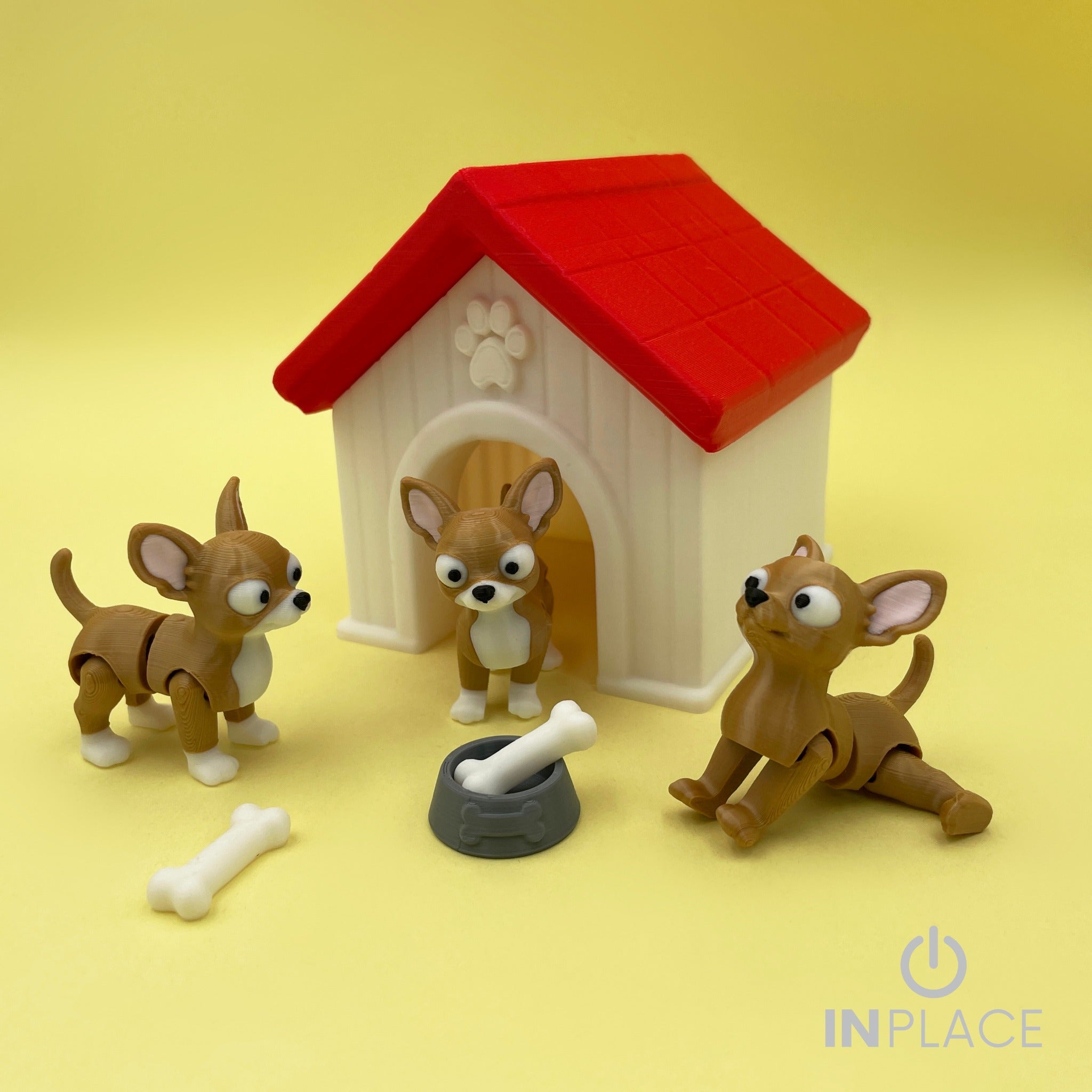 Chihuahua playset with doghouse, articulated Chihuahua figures, bones and food bowl