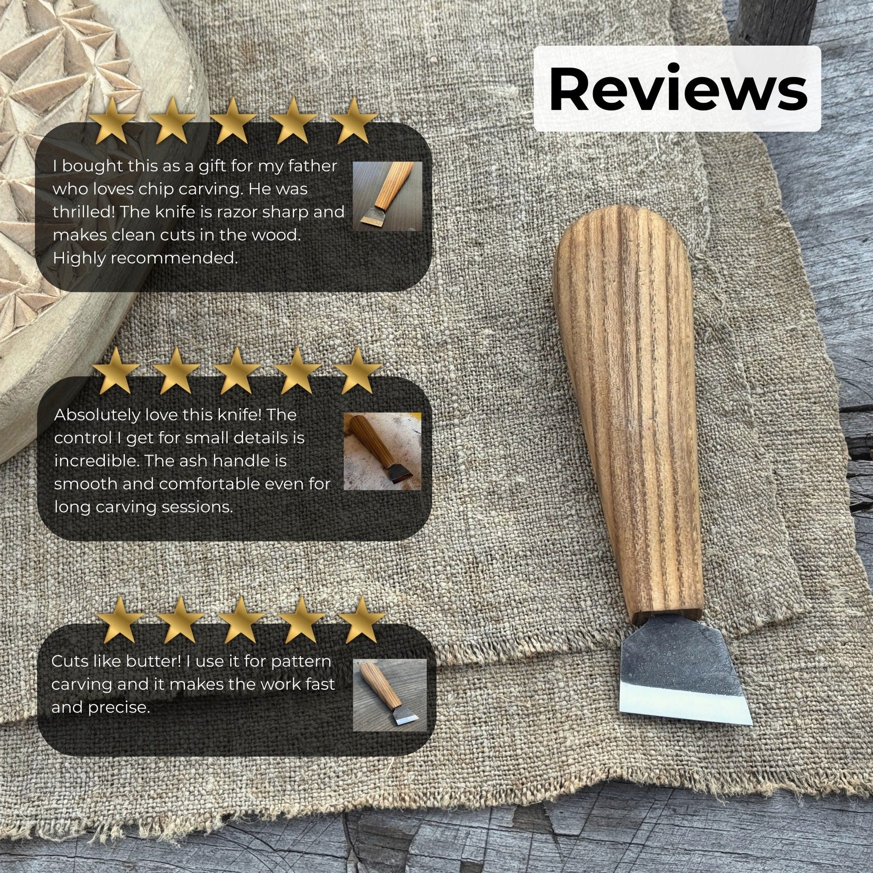 Chip Carving Knife, 3 cm (1.2 inches) detail view by Sharky Forged Steel Tools