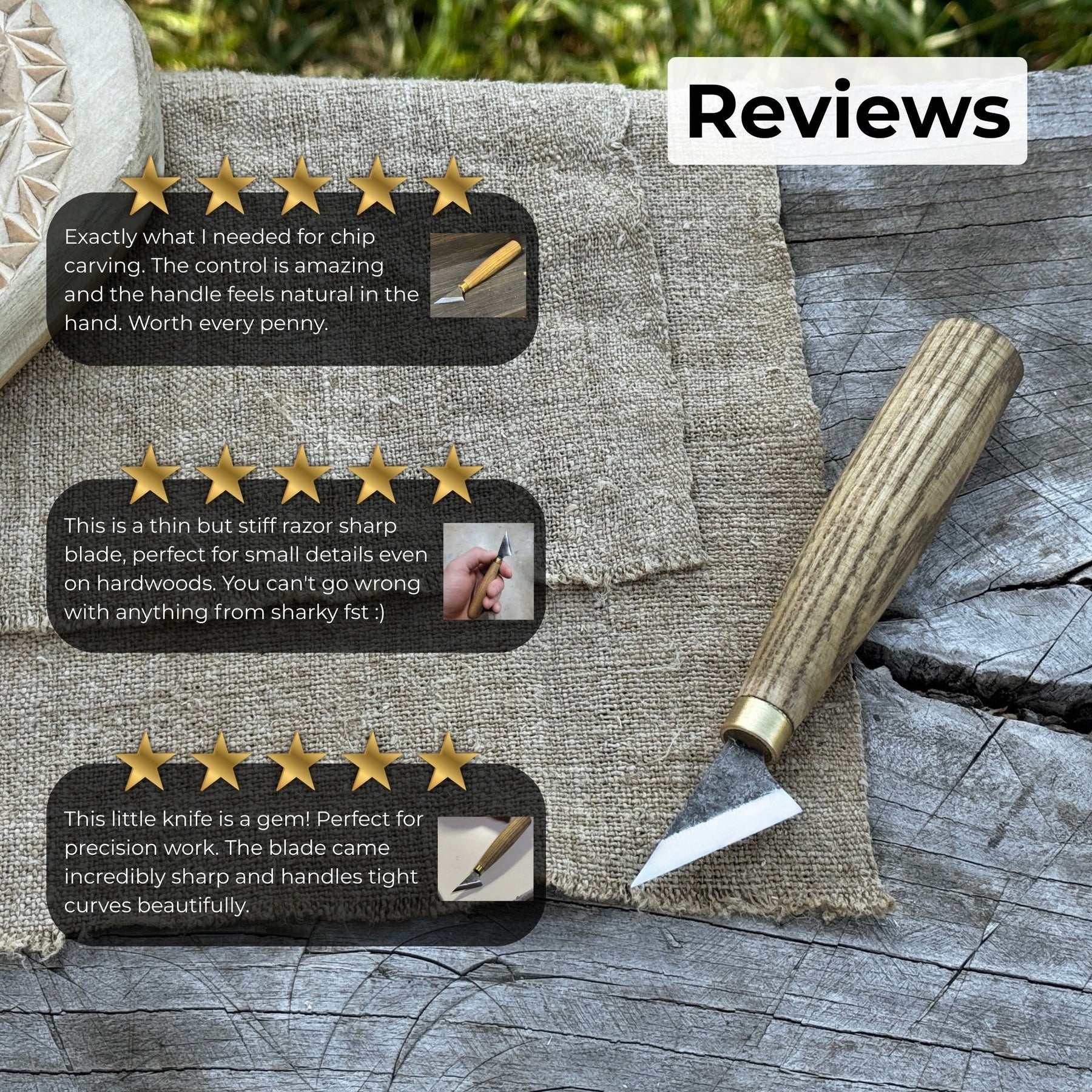 Chip Carving Knife, 3.5 cm (1.4 inches) detail view by Sharky Forged Steel Tools