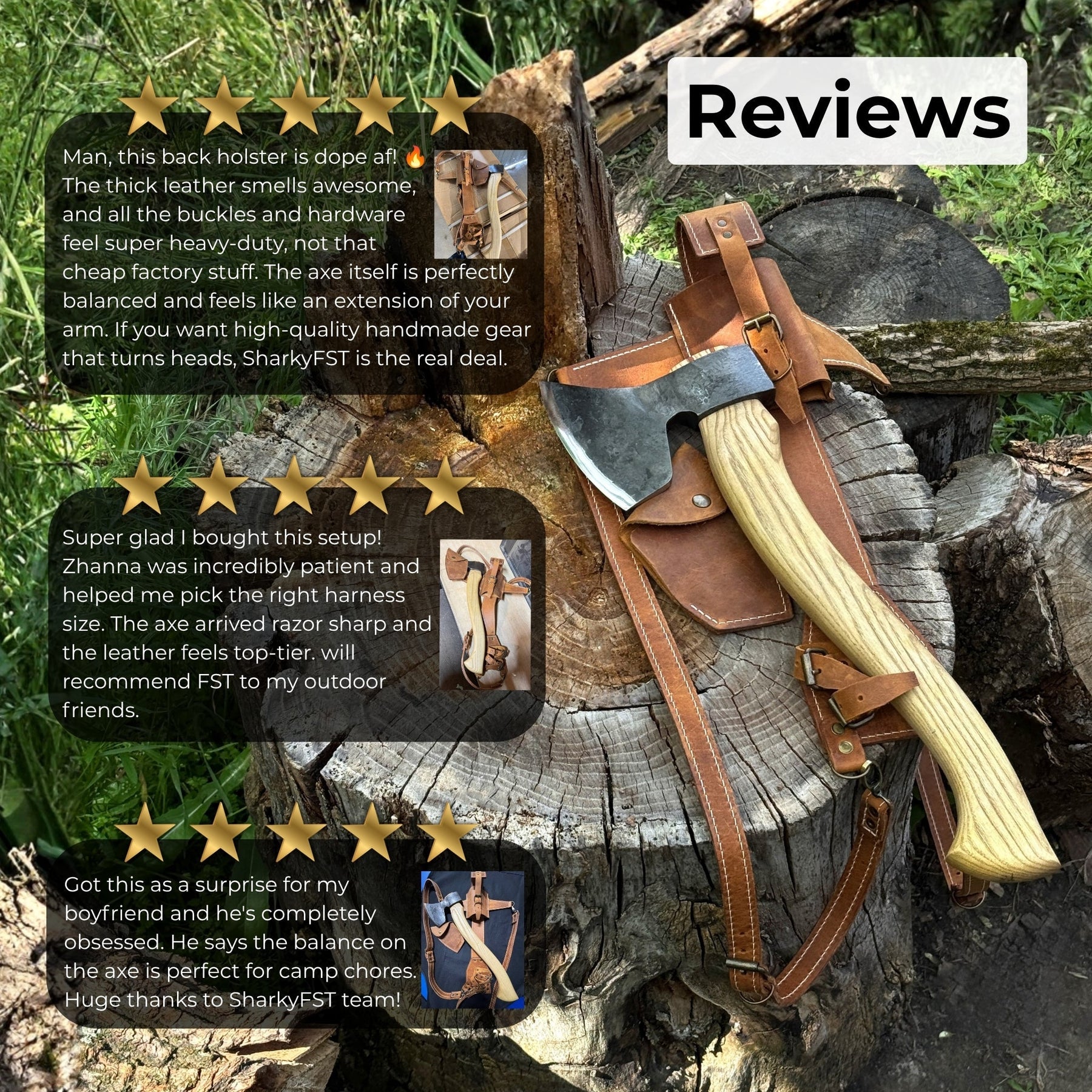 Chopping Axe with Leather Back Carry Pouch, 1.05 kg (2.2 lb) detail view by Sharky Forged Steel Tools