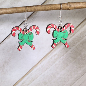 Candy Cane Wooden Earrings | Christmas Holiday Jewelry detail view by Cate's Concepts, LLC