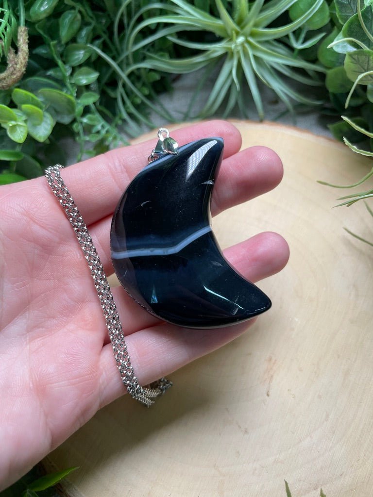 Chunky Black Agate Moon Necklace detail view by Copper Ashes