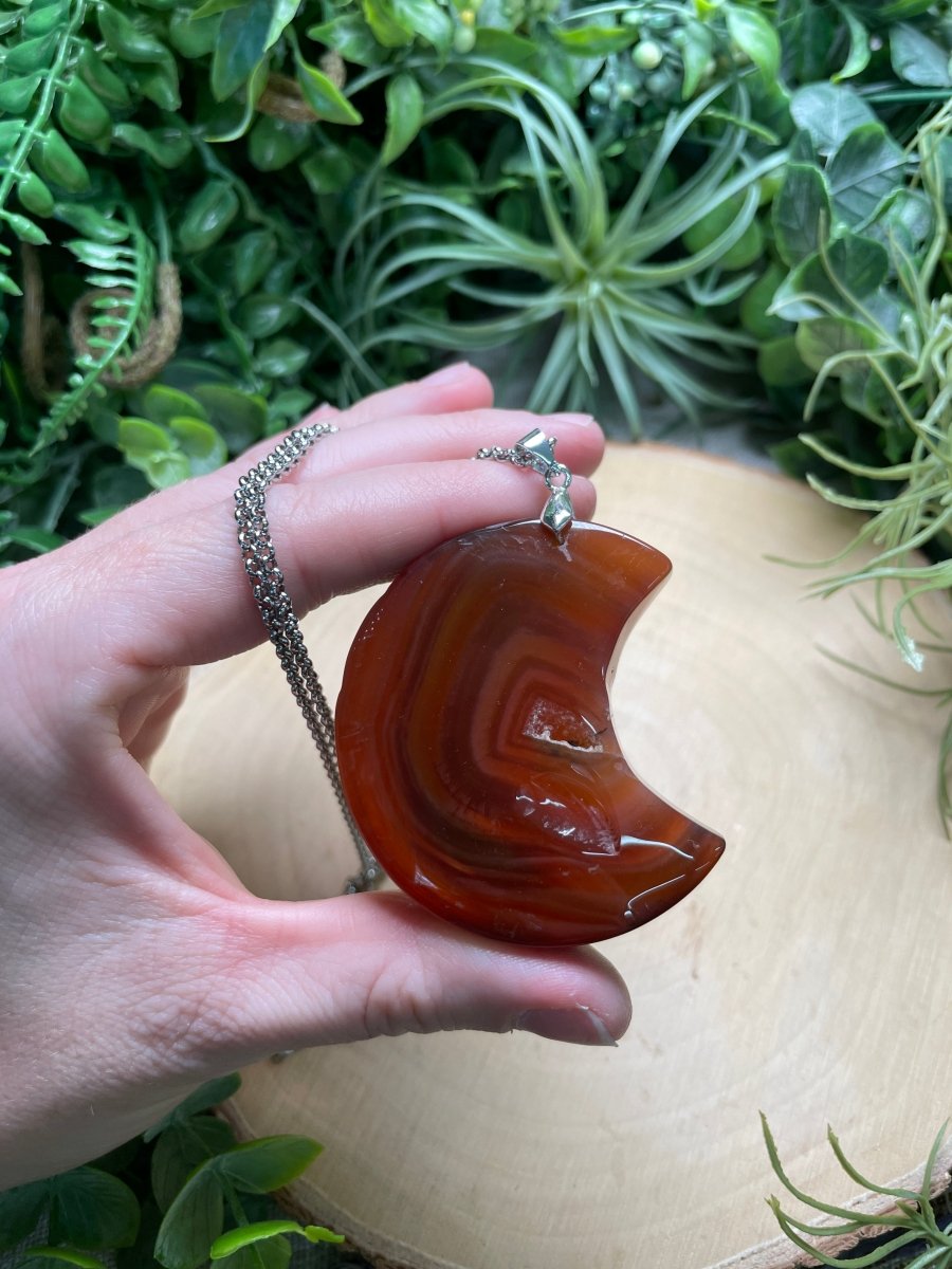 Chunky Red Agate Moon Necklace detail view by Copper Ashes