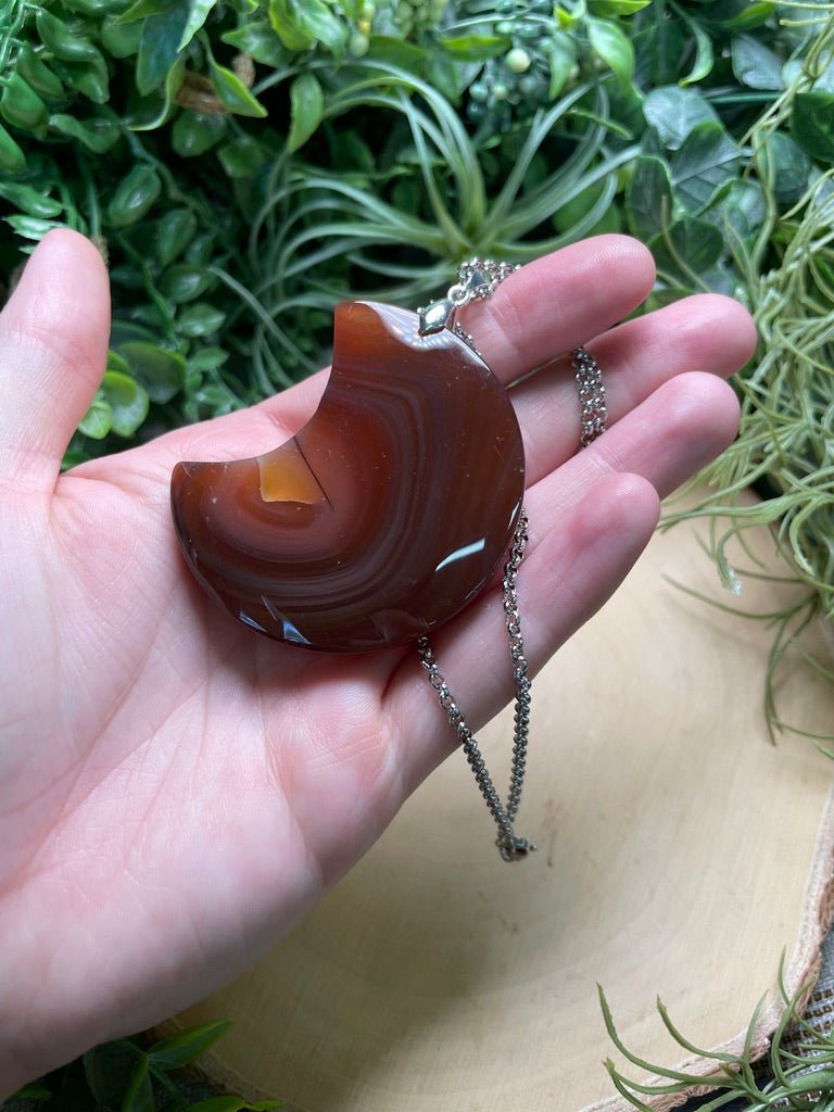 Chunky Red Agate Moon Necklace detail view by Copper Ashes