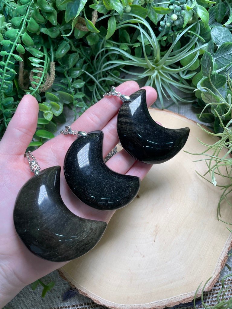 Chunky Sheen Obsidian Moon Necklace detail view by Copper Ashes