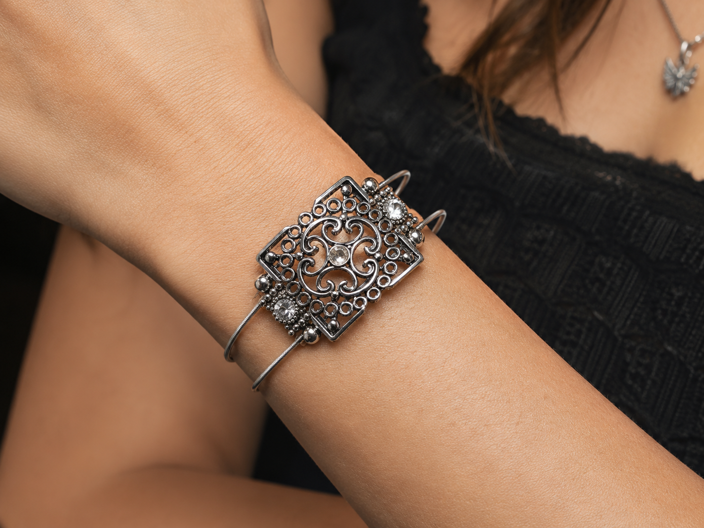 Silver Rhinestone Filigree Guitar String Bracelet by N Harmony Jewelry, handmade jewelry main product photo