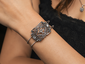 Silver Rhinestone Filigree Guitar String Bracelet by N Harmony Jewelry, handmade jewelry main product photo
