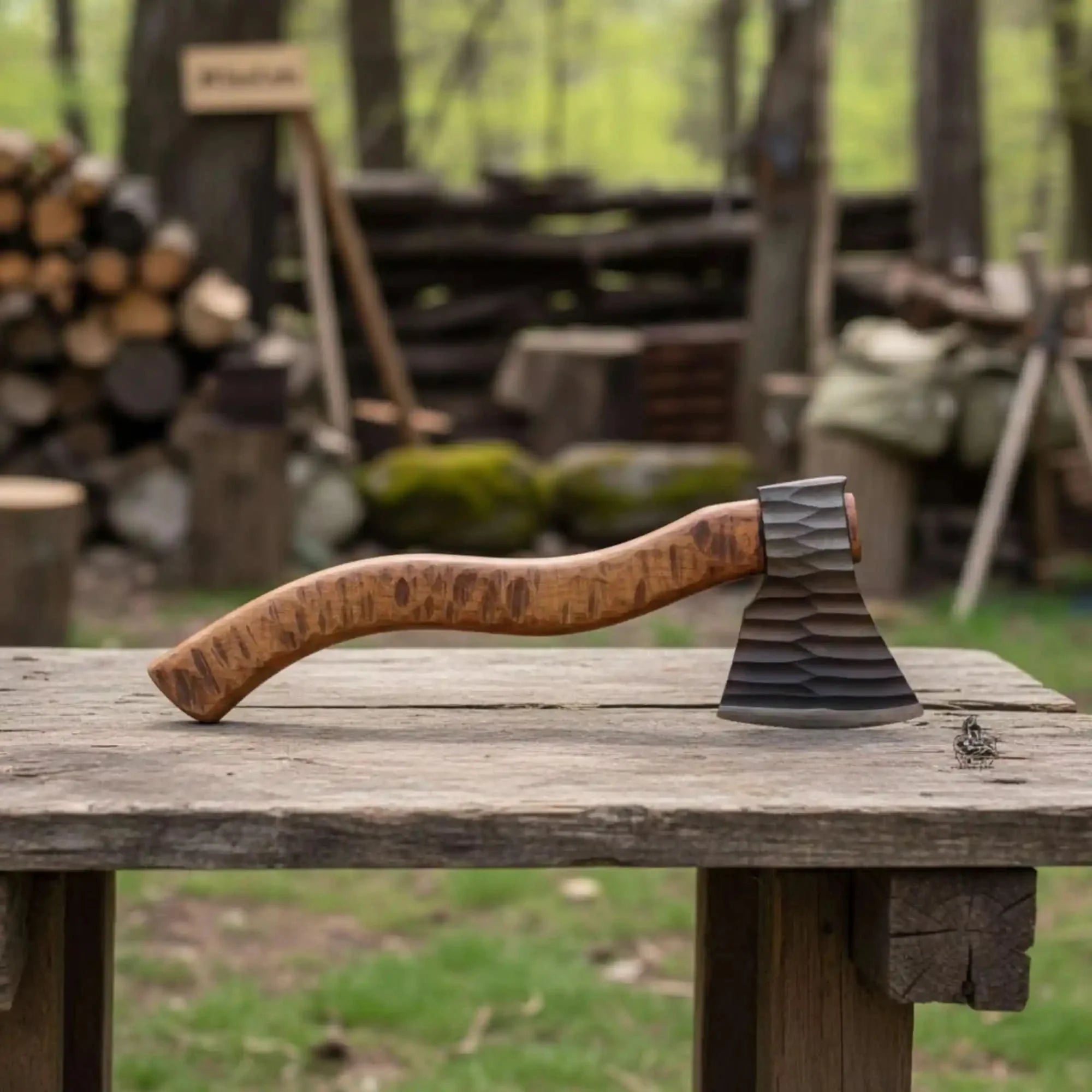 Hand-finished Workshop Axe with Chisel-textured Steel Head and Premium Hardwood Shaft by JW SteelCrafts, Southern lifestyle apparel detail photo 2