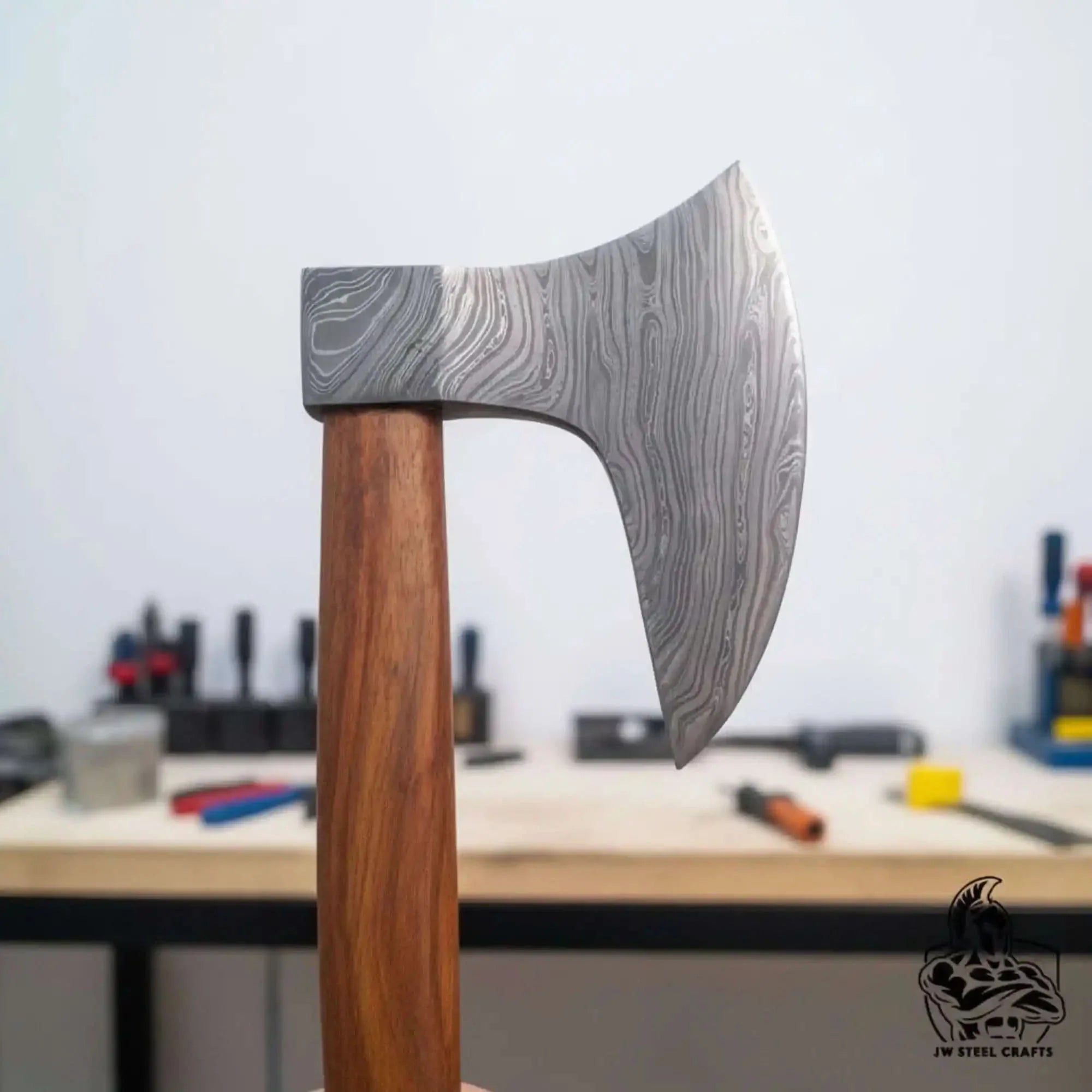 Damascus Steel Scandinavian Working Bearded Axe with Crescent Edge | JW SteelCrafts by JW SteelCrafts, scented candle detail photo 2