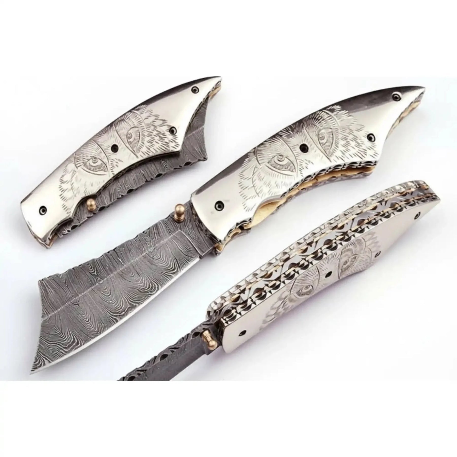 Handmade Damascus Folding Knife with Wolf Engraved Bone Handle & Leather Sheath by JW SteelCrafts, leather knife sheath main product photo