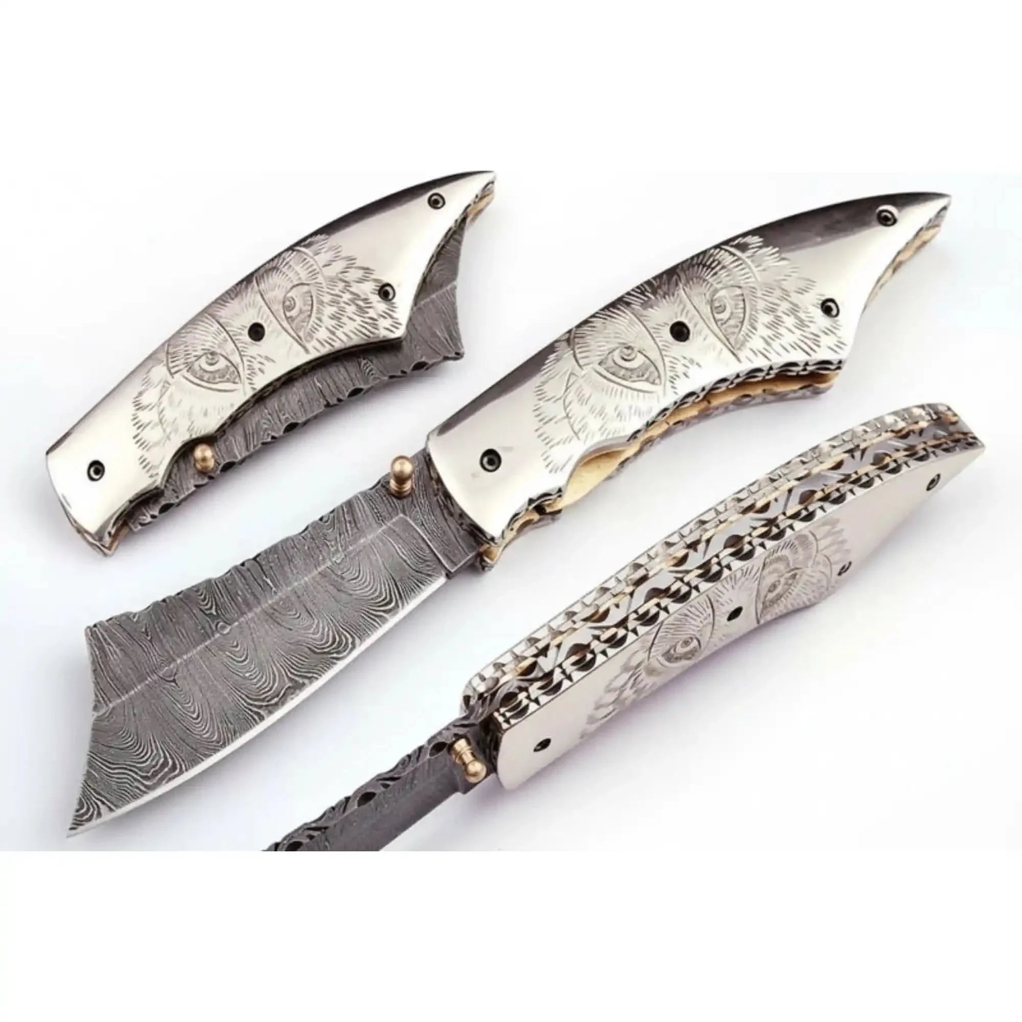 Handmade Damascus Folding Knife with Wolf Engraved Bone Handle & Leather Sheath by JW SteelCrafts, leather knife sheath main product photo