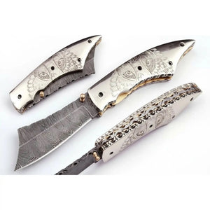 Handmade Damascus Folding Knife with Wolf Engraved Bone Handle & Leather Sheath by JW SteelCrafts, leather knife sheath main product photo