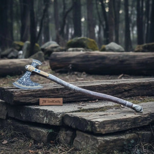 Hand Forged Viking Fantasy Double-Bit Axe with Norse Engraving, Gold Handle Fittings and Blue Gemstone Inlays by JW SteelCrafts, handmade jewelry detail photo 20