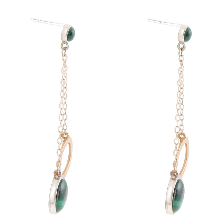 Circle Green Malachite and Two-Toned Metal Dangle Earrings detail view by Barse Jewelry