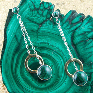 Circle Green Malachite and Two-Toned Metal Dangle Earrings detail view by Barse Jewelry