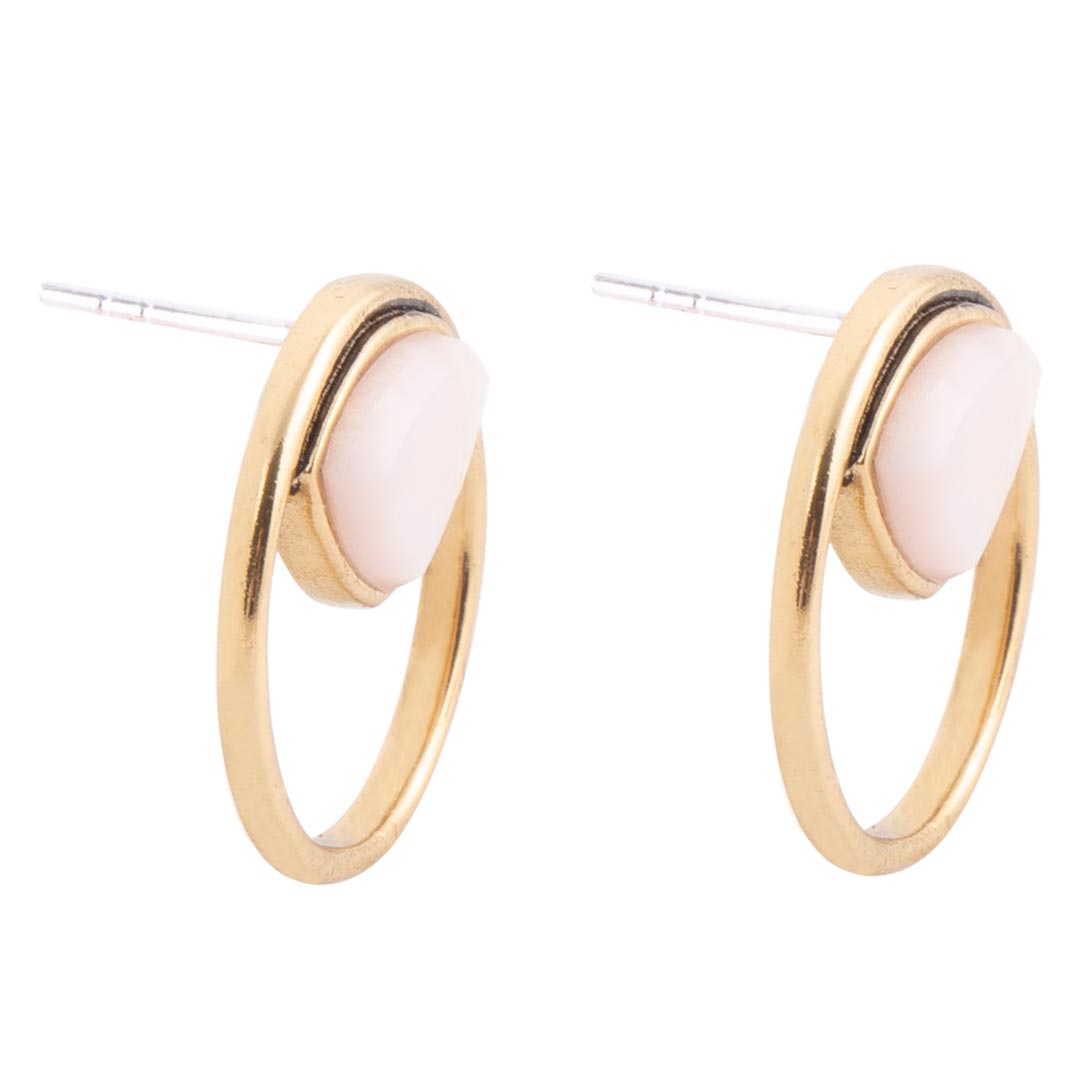 Circle Pink Opal and Golden Bronze Post Stud Earrings detail view by Barse Jewelry