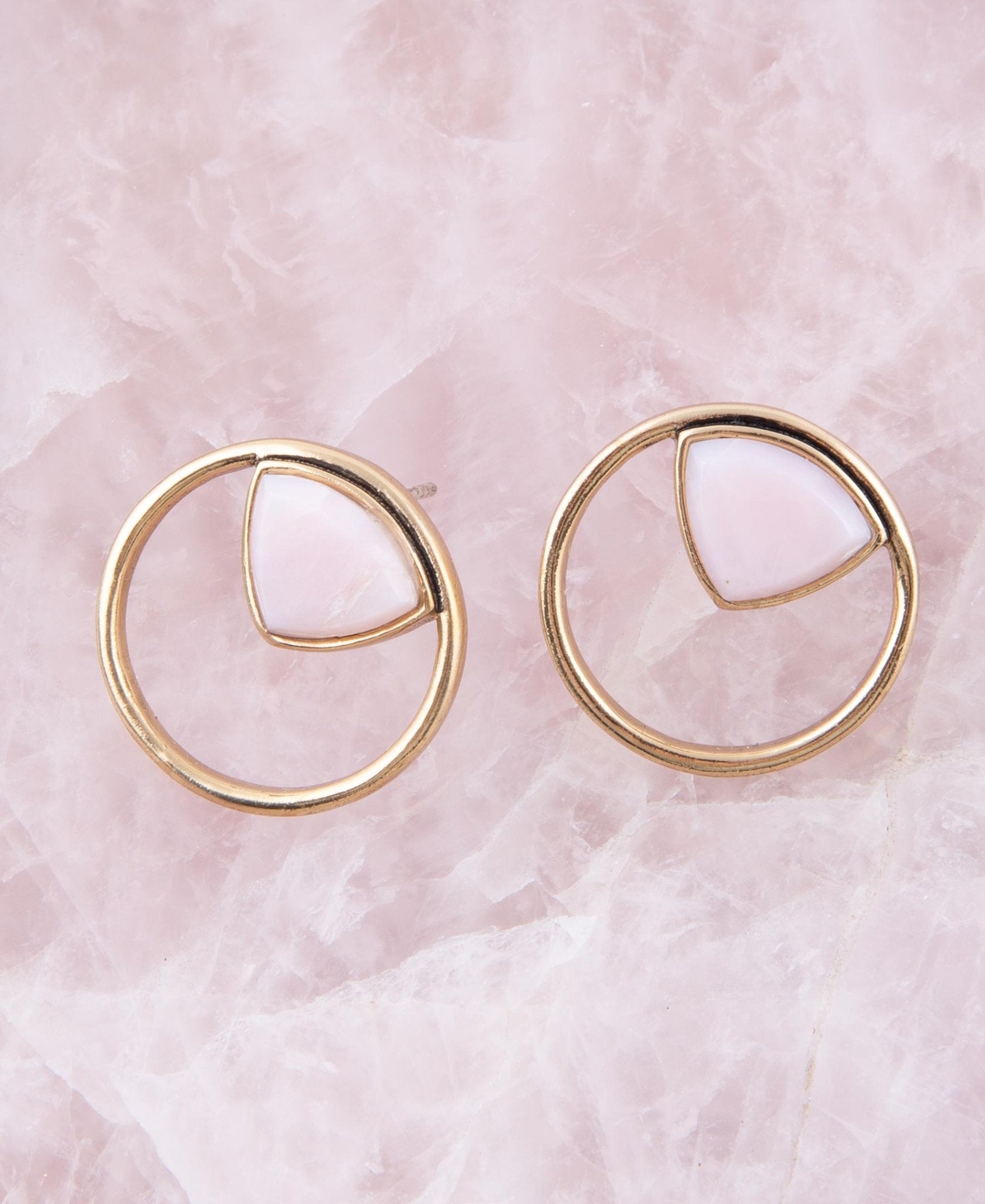 Circle Pink Opal and Golden Bronze Post Stud Earrings detail view by Barse Jewelry