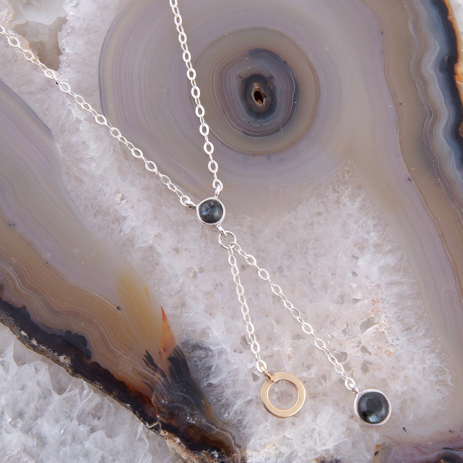 Circle Two-Toned Grey Labradorite Sterling Silver Necklace detail view by Barse Jewelry