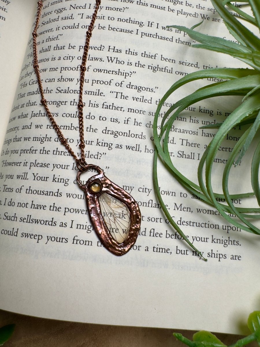 Citrine and Cicada Wing Necklace detail view by Copper Ashes