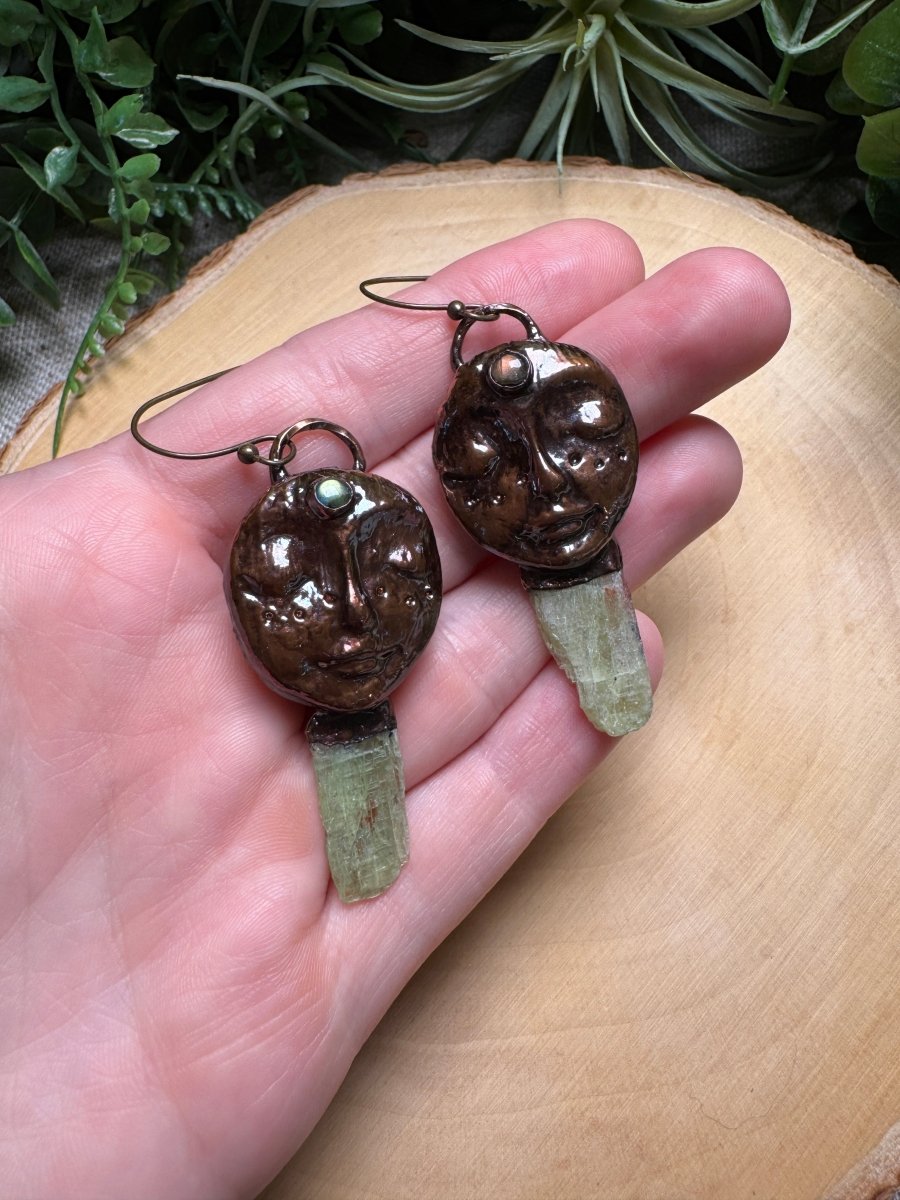 Claire- Green Kyanite and Labradorite Goddess Earrings detail view by Copper Ashes