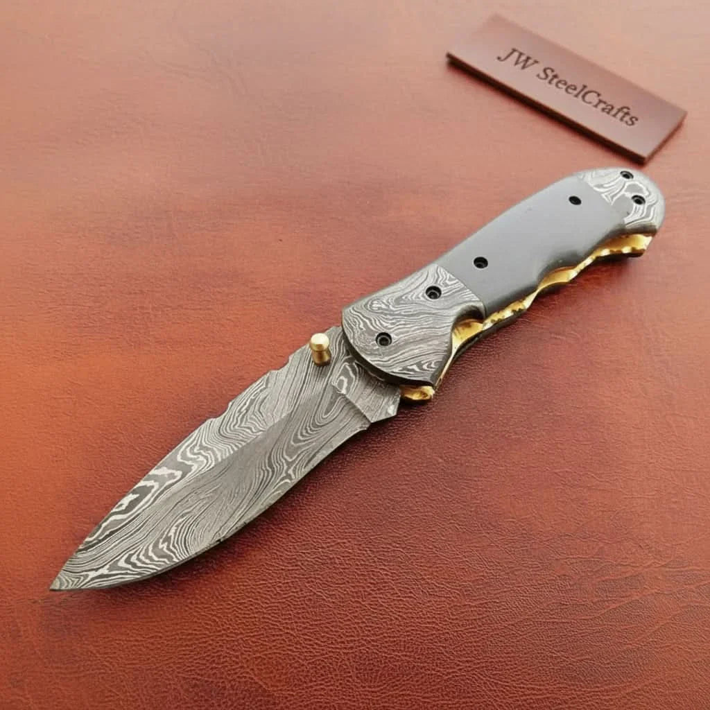 Handmade Damascus Folding Knife with Gray Micarta Handle, Custom Pocket Knife, EDC Damascus Folder by JW SteelCrafts by JW SteelCrafts, Damascus knife main product photo