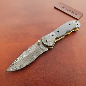 Handmade Damascus Folding Knife with Gray Micarta Handle, Custom Pocket Knife, EDC Damascus Folder by JW SteelCrafts by JW SteelCrafts, Damascus knife main product photo
