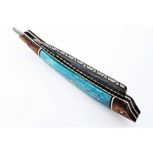 Classic Western Damascus Straight Barber Razor with Blue Bone and Rosewood Handle by JW SteelCrafts, Southern handmade gift detail photo 4