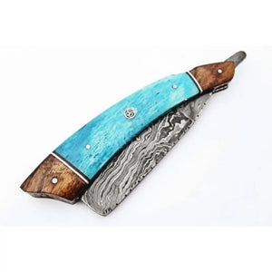 Classic Western Damascus Straight Barber Razor with Blue Bone and Rosewood Handle by JW SteelCrafts, Southern handmade gift detail photo 3