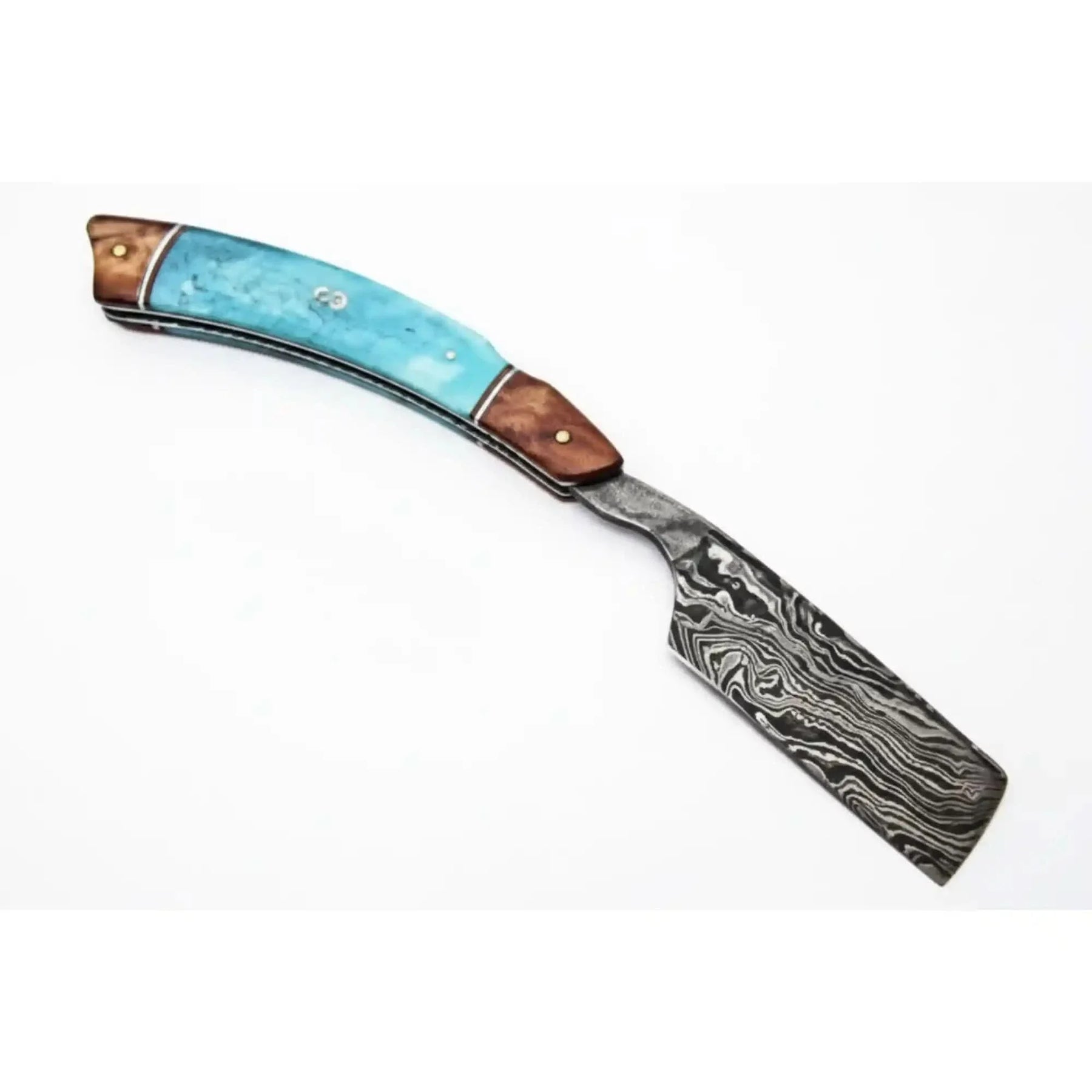 Classic Western Damascus Straight Barber Razor with Blue Bone and Rosewood Handle by JW SteelCrafts, Southern handmade gift detail photo 5