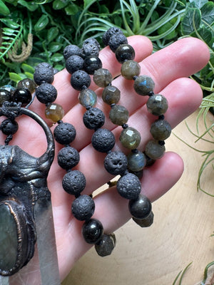 Clear Quartz and Labradorite Rhino Mala Necklace (pre-loved) detail view by Copper Ashes
