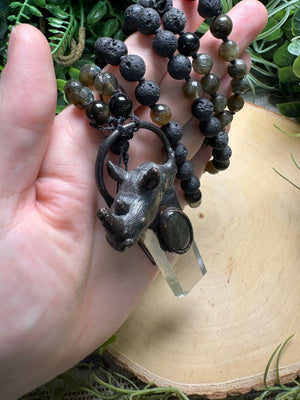 Clear Quartz and Labradorite Rhino Mala Necklace (pre-loved) detail view by Copper Ashes