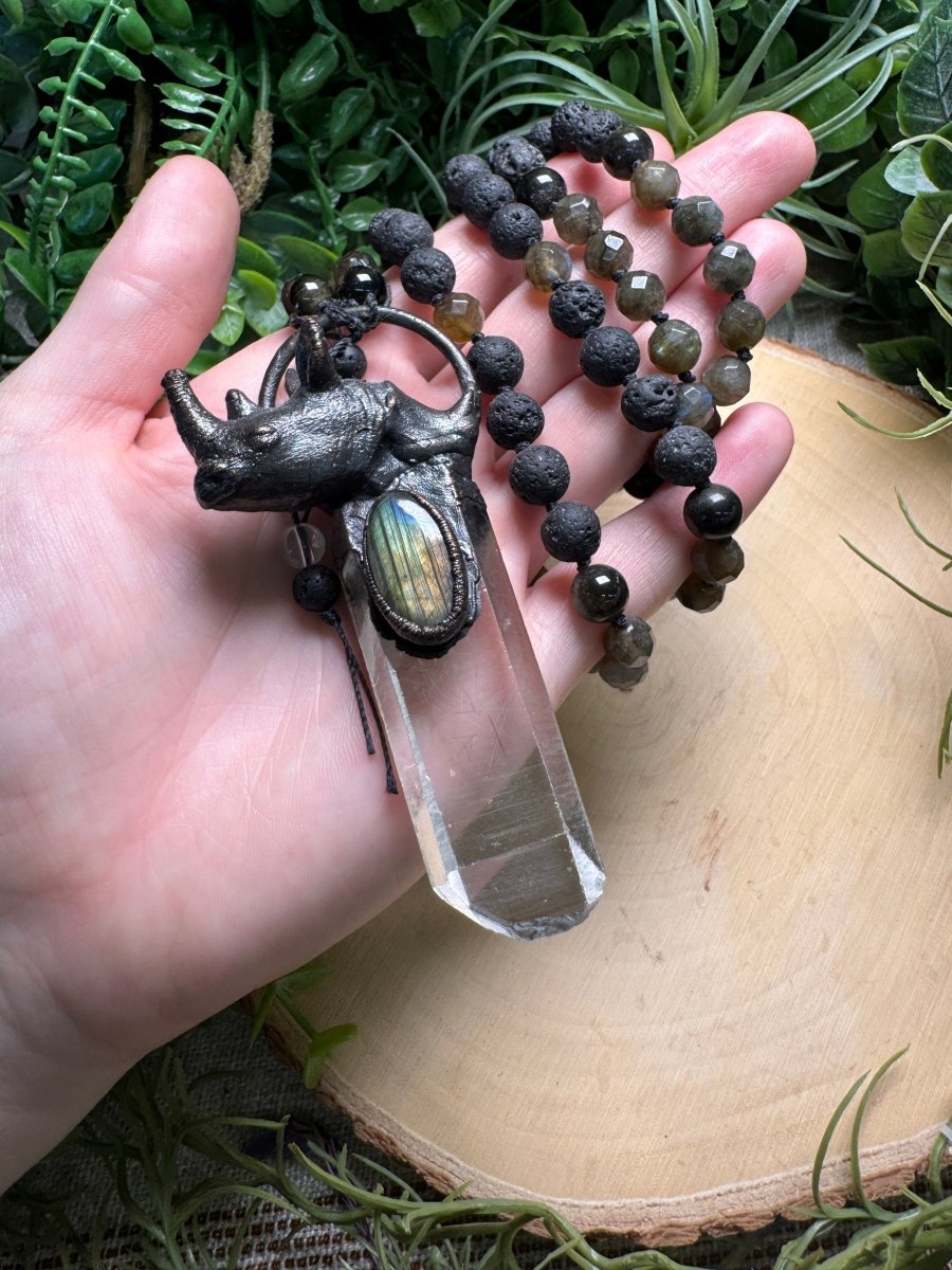 Clear Quartz and Labradorite Rhino Mala Necklace (pre-loved) detail view by Copper Ashes