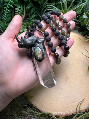 Clear Quartz and Labradorite Rhino Mala Necklace (pre-loved) detail view by Copper Ashes