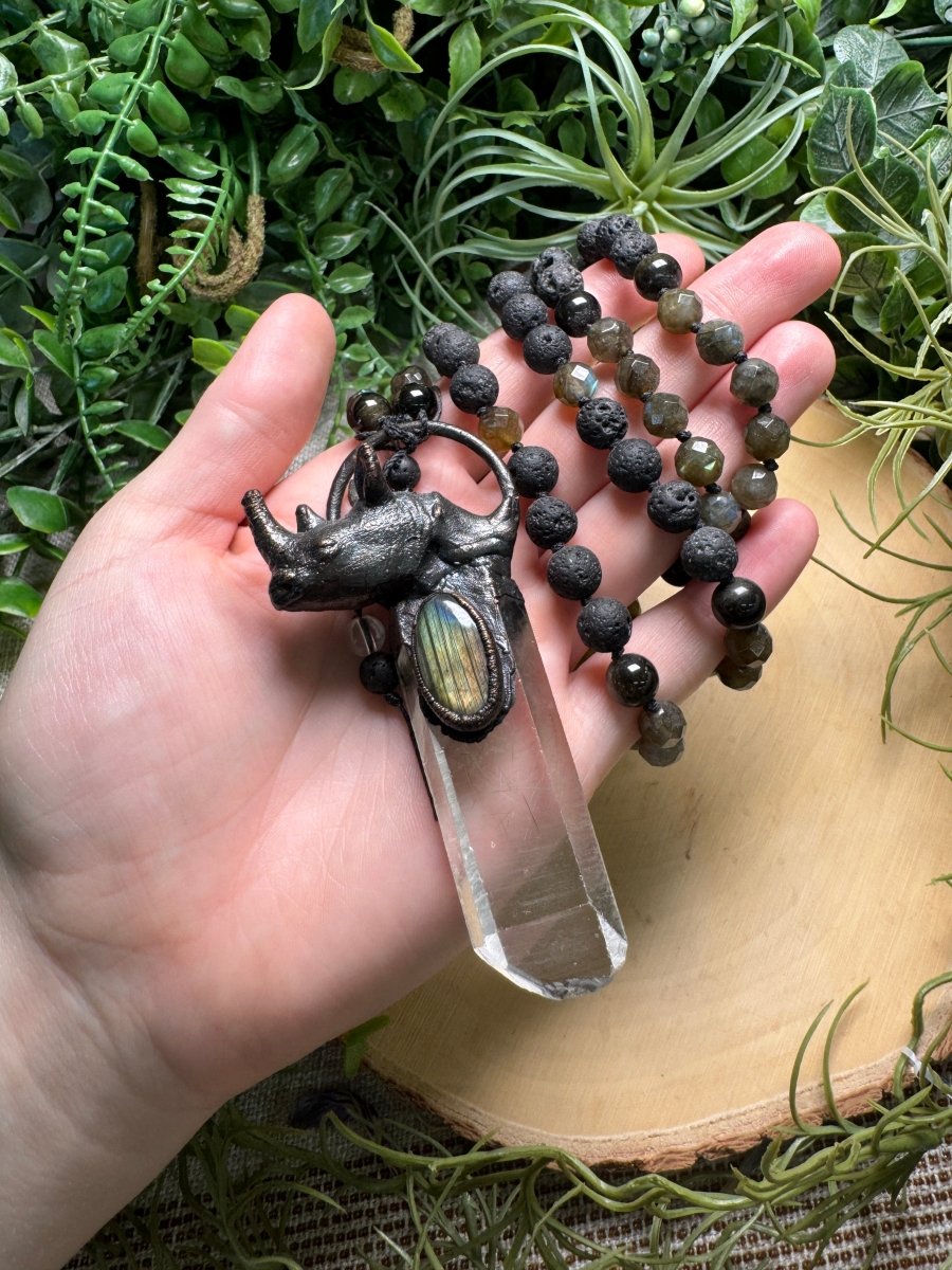 Clear Quartz and Labradorite Rhino Mala Necklace (pre-loved) detail view by Copper Ashes