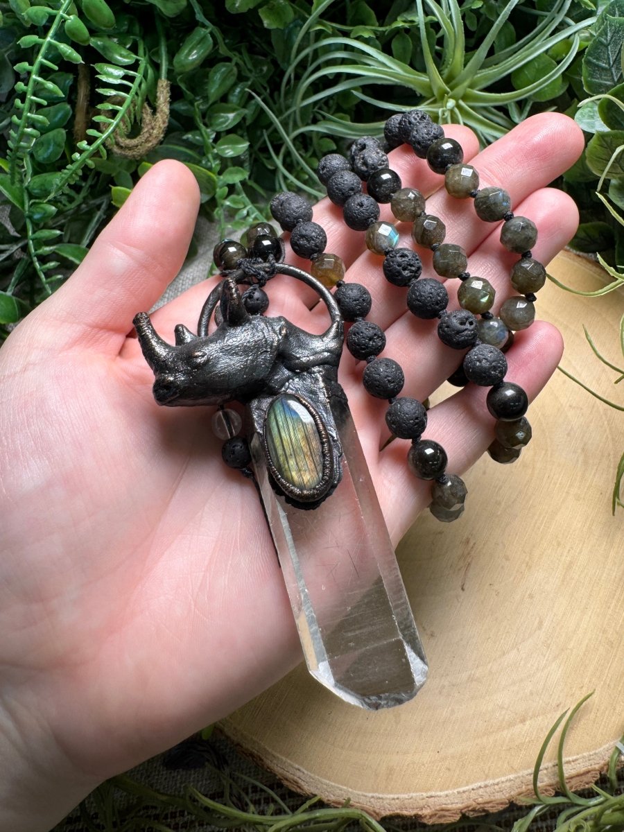Clear Quartz and Labradorite Rhino Mala Necklace (pre-loved) by Copper Ashes