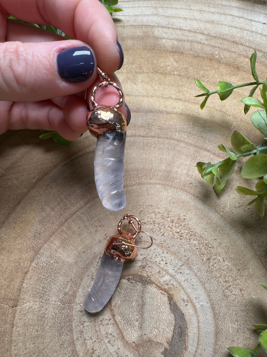 Clear Quartz Penis Earrings detail view by Copper Ashes