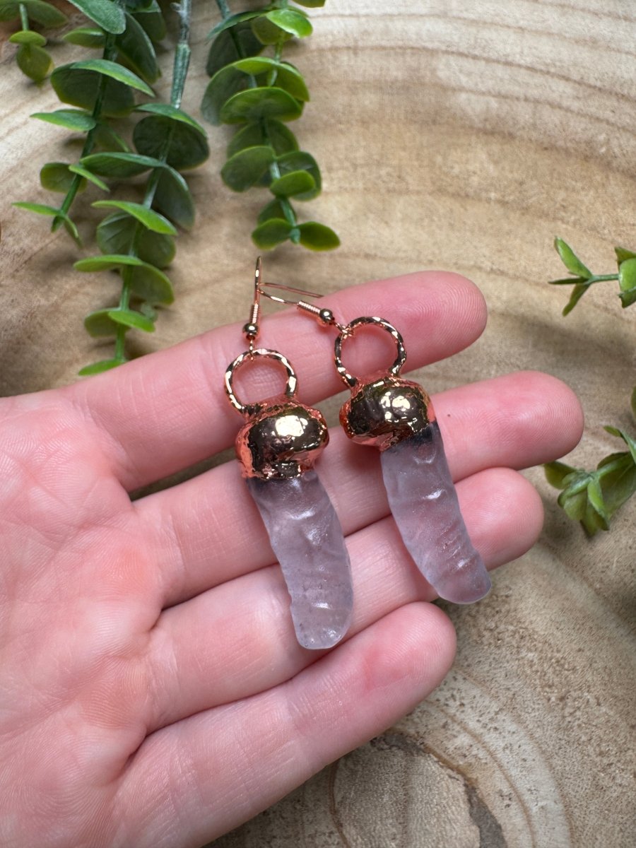 Clear Quartz Penis Earrings detail view by Copper Ashes