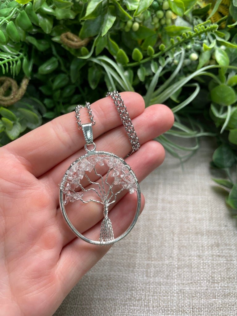 Clear Quartz Tree of Life Necklace detail view by Copper Ashes