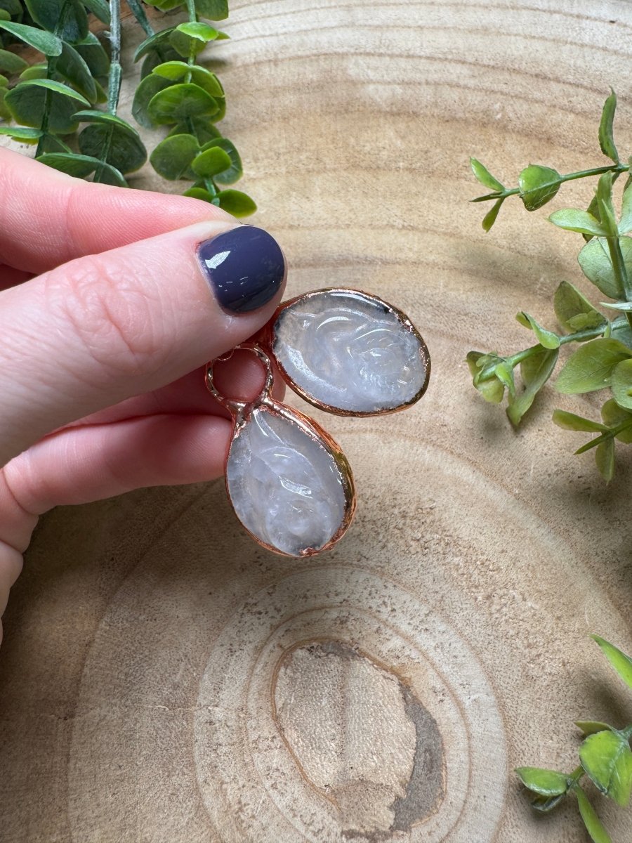 Clear Quartz Yoni Earrings detail view by Copper Ashes
