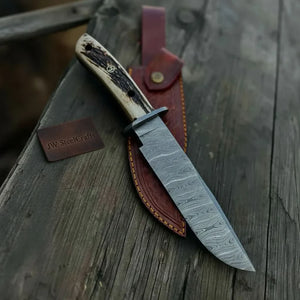 Handmade Damascus Hunting Knife with Stag Antler Bowie Blade by JW SteelCrafts, Damascus knife detail photo 7
